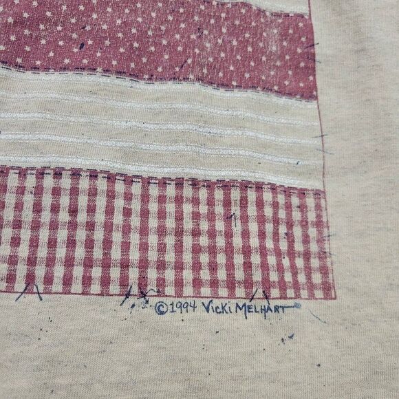 Vintage American Flag T Shirt Mens Large Beige Short Sleeve Button Alore Read* - Picture 5 of 11